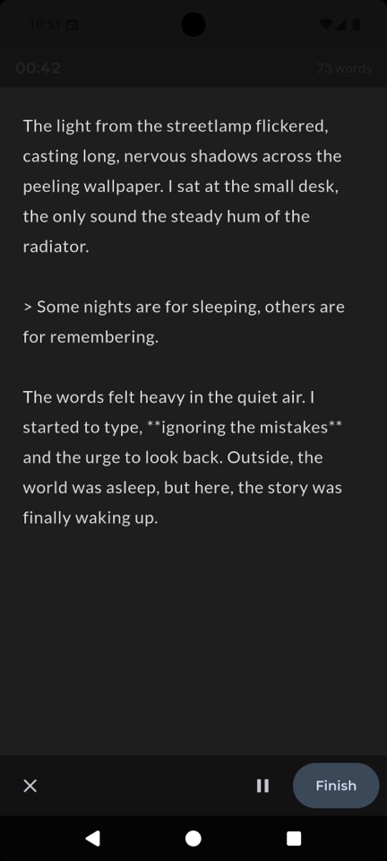 Distraction-free writing session with word count and timer