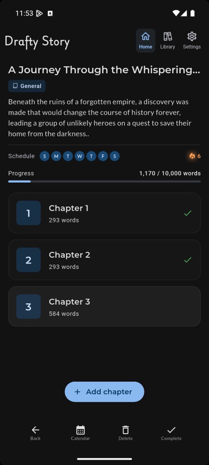 Story progress screen showing word count growth