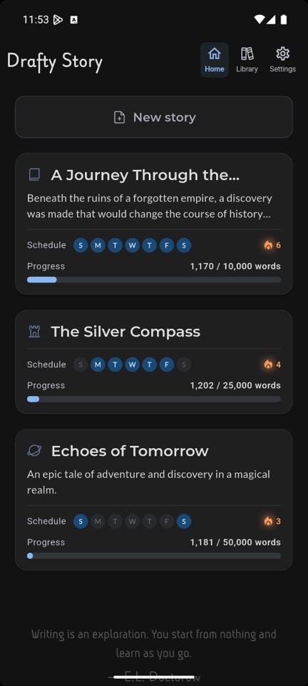 Drafty Story home screen with story cards, schedules and streaks