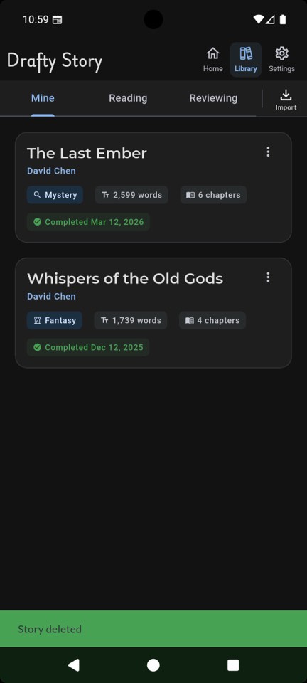 Personal library with completed stories